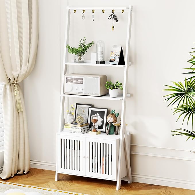 4-Tier Ladder Shelf with Drawers 59.5"H x 24.8"L x 10.6"W, Ladder Bookshelf with 6 Hooks, Tall Narrow Retro Bookcase, Freestanding Storage Shelf for Living Room, Home Office, Bedroom, White