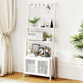 4-Tier Ladder Shelf with Drawers 59.5"H x 24.8"L x 10.6"W, Ladder Bookshelf with 6 Hooks, Tall Narrow Retro Bookcase, Freestanding Storage Shelf for Living Room, Home Office, Bedroom, White
