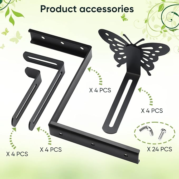 Planter Box Bracket, Adjustable Hang Window Box Holder with Butterfly, Hanging Flower Pot Stand Brackets for Outdoor Patio Garden Fence Pergola Balcony Supporting Heavy Planters-4Pack