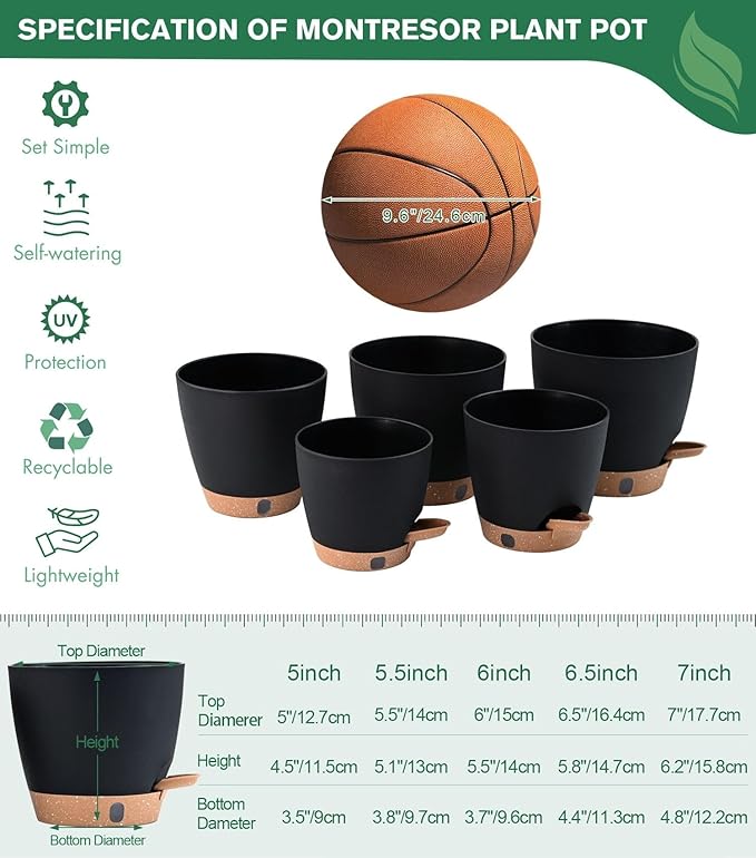 montresor 5-Pack Self-Watering Plastic Plant Pots 5/5.5/6/6.5/7 Inch– Black Indoor Flower Pots with Wick & Water Tray for Herbs, Succulents, Seedlings, Small Plants