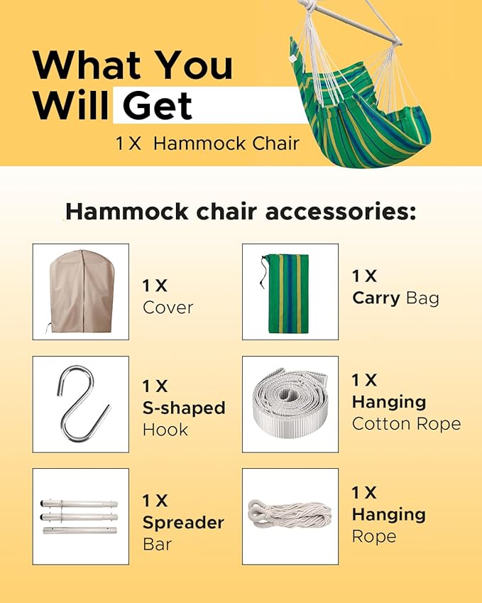 Miztli Hammock Chair with Hanging Chair Cover – Max 500 Lbs, Steel Spreader Bar with Anti-Slip Rings, Comfortable Indoor & Outdoor Hanging Chair – Includes Protective Waterproof Cover (57x45.5 in)