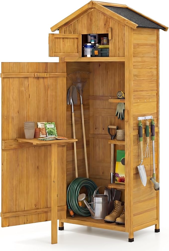 Goplus All-in-One Storage Shed, 70" Tall Wooden Lockable Cabinet w/Foldable Work Table, Vertical Utility Tool Organizer w/Shelves & Hooks, Waterproof Garden Shed for Patio Backyard (Natural)