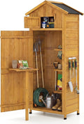 Goplus All-in-One Storage Shed, 70" Tall Wooden Lockable Cabinet w/Foldable Work Table, Vertical Utility Tool Organizer w/Shelves & Hooks, Waterproof Garden Shed for Patio Backyard (Natural)