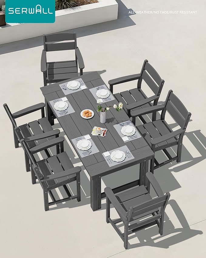 SERWALL Outdoor Dining Table Set, 67‘’ HDPE Patio Dining Set for 4, All-Weather Outdoor Table and Chairs Set for Deck, Grey