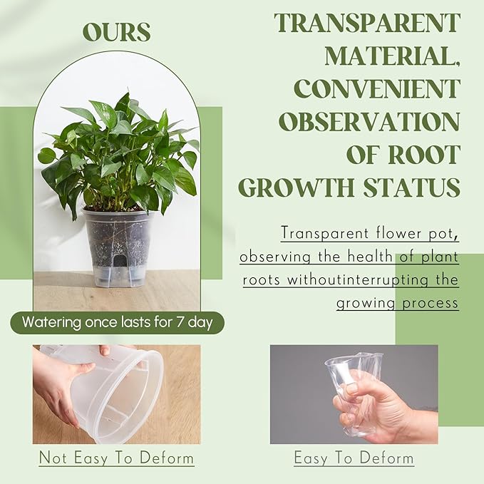 Self Watering Pots for Indoor Plants with Deep Reservoir and High Drainage Holes for Outdoor Plants and Flowers, Bare Root Planter(8.27'',Clear,6 Pcs)