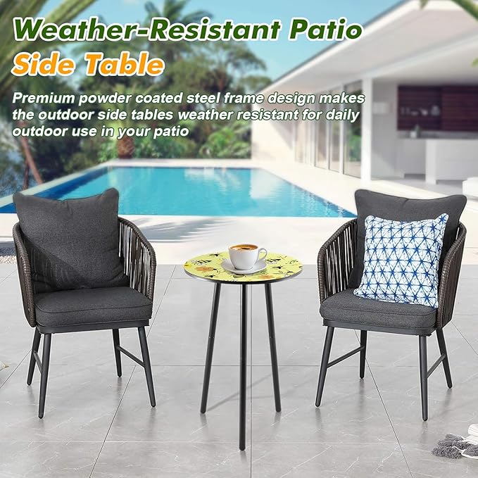 Metal Outdoor Side Tables Set of Two Small Outside Round End Table for Patio Modern Accent Garden Corner Table for Small Spaces, Balcony, Porch, Weather-Resistant Plant Stand Indoor, Yellow