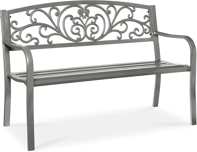 Best Choice Products Outdoor Bench Steel Garden Patio Porch Furniture for Lawn, Park, Deck w/Floral Design Backrest, Slatted Seat - Gray