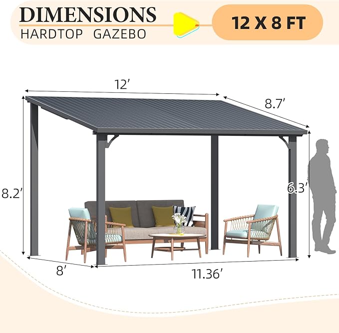 AECOJOY 12' x 8' Outdoor Hardtop Gazebo Pergola for Patio, Large 8x12 Galvanized Steel Heavy Duty Lean to Wall-Mounted Pergolas and Gazebos Clearance, Metal Patio Roof Awnings for Backyards, Decks