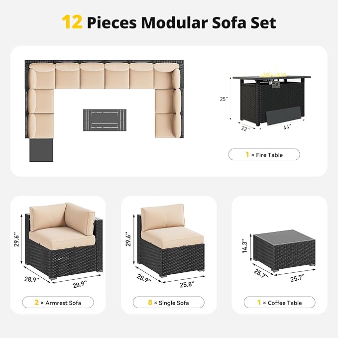 Aoxun Patio Furniture Set with Fire Pit Table, 12 Piece Outdoor Sectional Sofas, 10 Seats Wicker Rattan Outdoor Furniture with Thickened Cushion for Backyard, Garden Begin