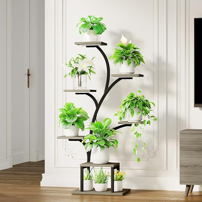 Plant Stand Indoor with Grow Lights, 7 Tiered Indoor Plant Shelf, 49" Corner Plant Stands for Indoor Plants, Metal Plant Flower Display Shelf, Tree-Shaped Plant Rack for Home, Patio, Grey