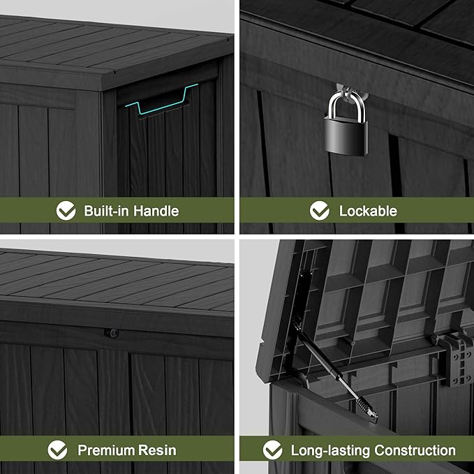 150 Gallon Outdoor Deck Box, Lockable Waterproof Outdoor Storage Boxes For Garden Tools,Indoor Cushions,Accessories Outside Storage Resin Weatherproof Container(Black)