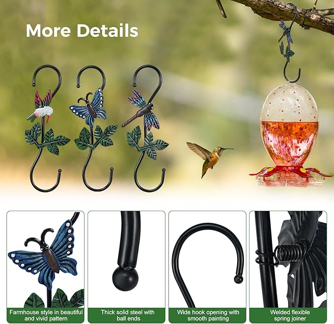 Large Decorative S Hooks, Set of 3 Plant Hangers, Beautiful and Vivid Plant Hook for Hanging Outdoor Indoor Garden Plants, Flower Baskets, Pots, Bird Feeders