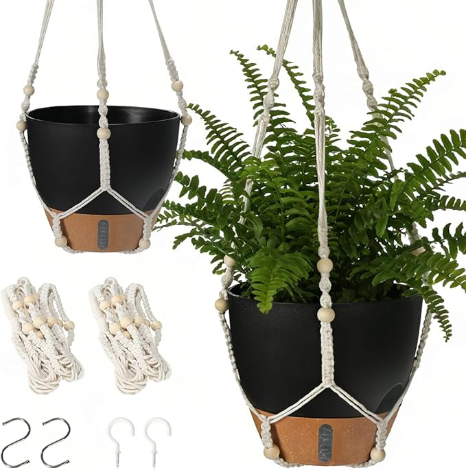 Self-Watering Hanging Planters for Indoor Plants Set 2-Piece Includes Plant Hanging Pot, Drainage-Hole Hanging Pot, and Hanging Basket Rack (10 Inches, Black)