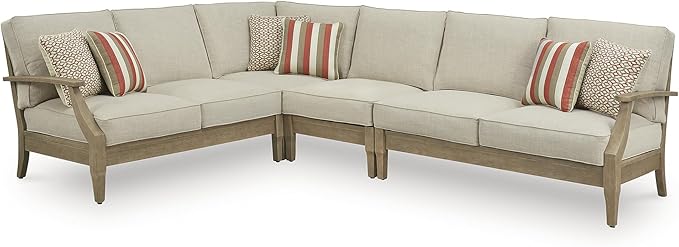 Signature Design by Ashley Clare View Left-Arm Facing Contemporary 4-Piece Outdoor Sectional with Cushion and 6 Throw Pillows, Beige