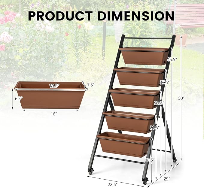 Giantex Vertical Raised Garden Bed on Wheels, 5-Tier Elevated Planter Boxes, Garden Beds with Drain Hole, Freestanding 5 Containers for Herb Vegetables Flowers Growing, Indoor Outdoor Patio Balcony