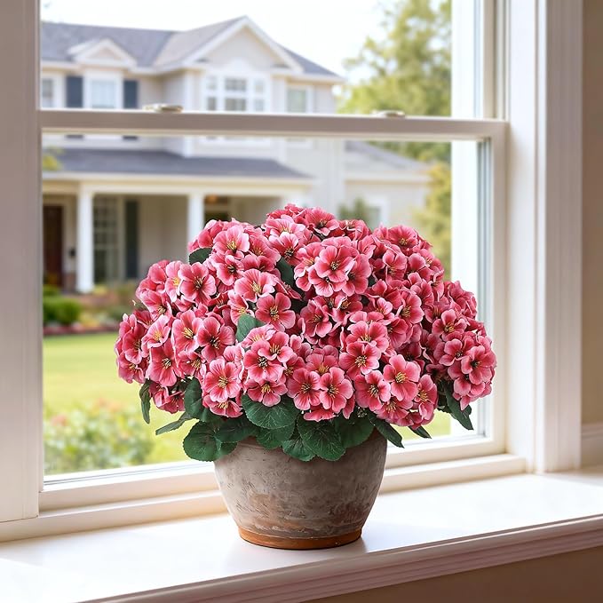 2 Pack Artificial Geranium Flowers Topitary Trees for Outdoors, UV Resistant Geraniums Potted Bushes Look Real Silk Faux Plants for Front Door Garden Porch Planter Farmhouse Home Decor (Peach Red)