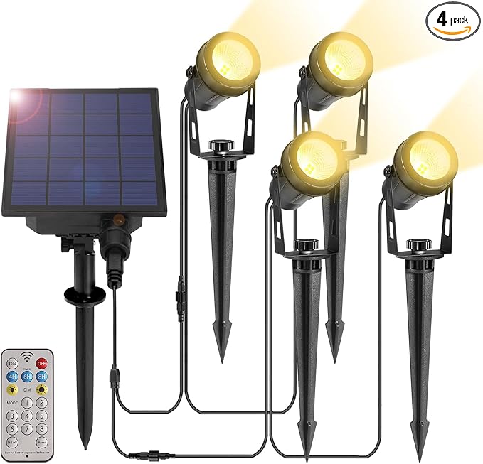ALOVECO Solar Spot Lights Outdoor 4-in-1 Solar Powered Spotlights IP65 Waterproof with Remote 29.5ft Cable Auto On/Off 8 Modes Solar Uplights Outdoor for Garden Yard Landscape Tree 2700K Warm White