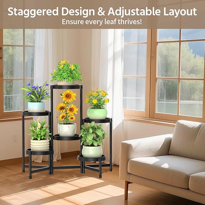 LASZOLA 6 Tiered Folding Plant Stand Indoor for Multiple Large Planter, Tall Heavy Duty Adjustable Rack with Rust Proof Plastic Shelving, Sturdy Vertical Tree Organizer for Narrow Inside Floor, Black