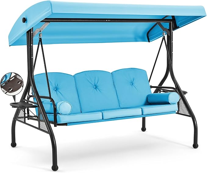 HOMREST 3 Seat Outdoor Porch Swing with Adjustable Canopy, Convertible Patio Swing Bed with Stand, Patio Glider Swing with Upgraded Cup Holder, Thicken Cushions ＆ Pillow for Backyard（Sky Blue）