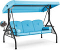 HOMREST 3 Seat Outdoor Porch Swing with Adjustable Canopy, Convertible Patio Swing Bed with Stand, Patio Glider Swing with Upgraded Cup Holder, Thicken Cushions ＆ Pillow for Backyard（Sky Blue）