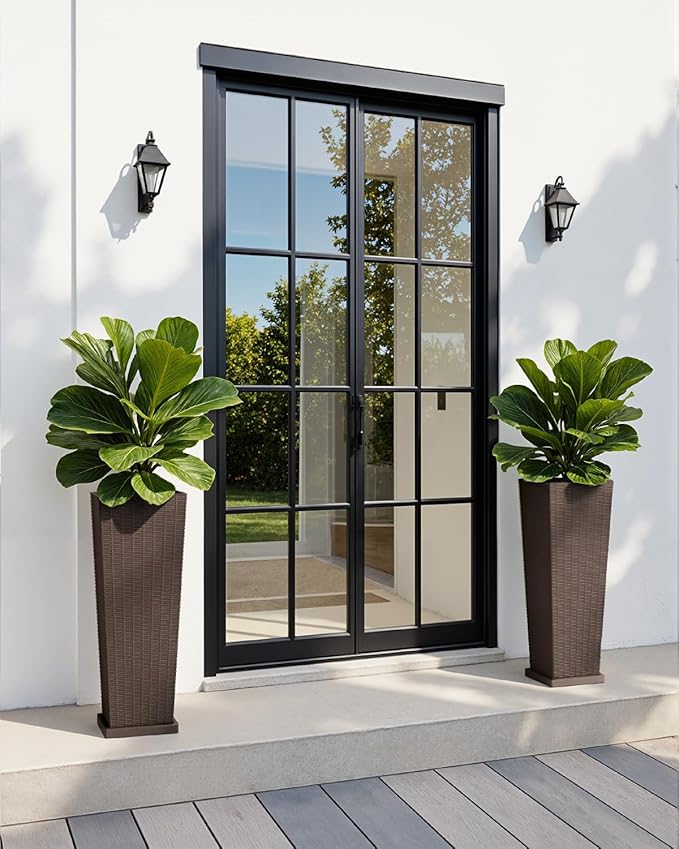 Greesum Set of 2 Tall Plastic Planters with Saucer, 32 Inch Large Pots with Drainage Trays, Weather-Resistant Plastic Plant Containers for Patio, Porch, Garden,Brown