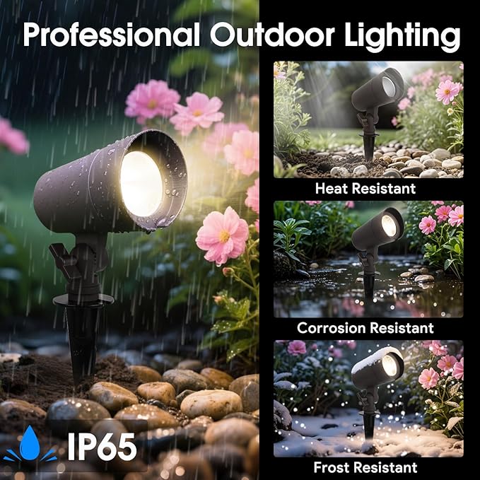 3CCT LED Landscape Lights with Connectors, 12V Low Voltage, 3000K/4000K/5000K Selectable, 3W, 200LM, Outdoor Waterproof Garden Pathway Lights Wall Tree Flag Spotlights with Spike Stand, 8 Pack