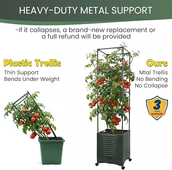 Tomato Planter Pot Tomato Box Raised Garden Bed 56.5" Tall Self-Watering and Water Indicator Planter for Tomato Outdoor Indoor Metal Trellis for Climbing Plants Large Reservoir-1 planter-not 2