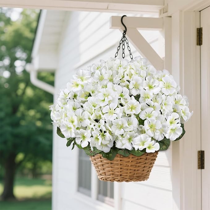 Artificial Geranium Flowers for Outdoors, 6 Bundles Realistic Silk Fake Geranium, No Fade Faux Plants for Hanging Baskets, Window Boxes, Pots - Porch, Patio, Balcony Decor(White)