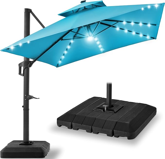 Best Choice Products 9x12ft LED Cantilever Patio Umbrella w/Base Included & 360° Rotation, Large Solar Offset Hanging Outdoor Sun Shade for Deck, Backyard Table w/Stand & Lights – Sky Blue