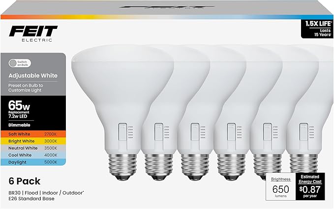 Feit Electric BR30 LED Flood Light Bulb, 65W Equivalent, Dimmable, 5CCT, Adjustable White, 650 Lumens, Indoor/Outdoor Residential & Commercial Use, 17,000-Hour Lifespan, BR3065DM5CCTCA15K/6, 6-Pack
