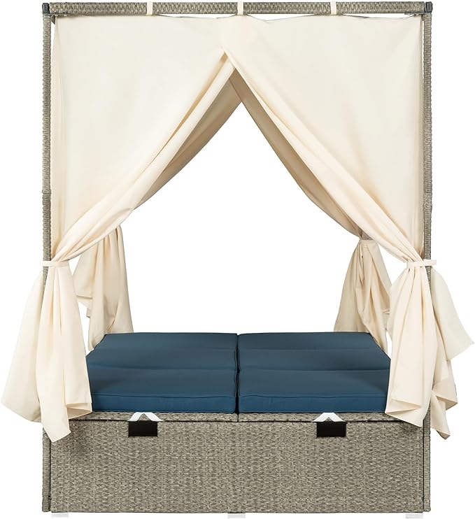 Patio Chaise Lounge,PE Rattan Outdoor Patio Wicker Adjustable Outdoor Sun Bed with Four-sided Canopy and Comfortable Blue Cushion – Versatile Use for Patio, Garden, and Poolside