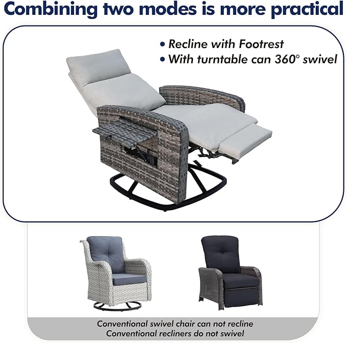Outdoor Recliner Chair, Wicker Patio Recliners with Adjustable Backrest and Extended Foot Rest, Reclining Patio Chairs with Flip Table & Removable Cushion Cover for Porch