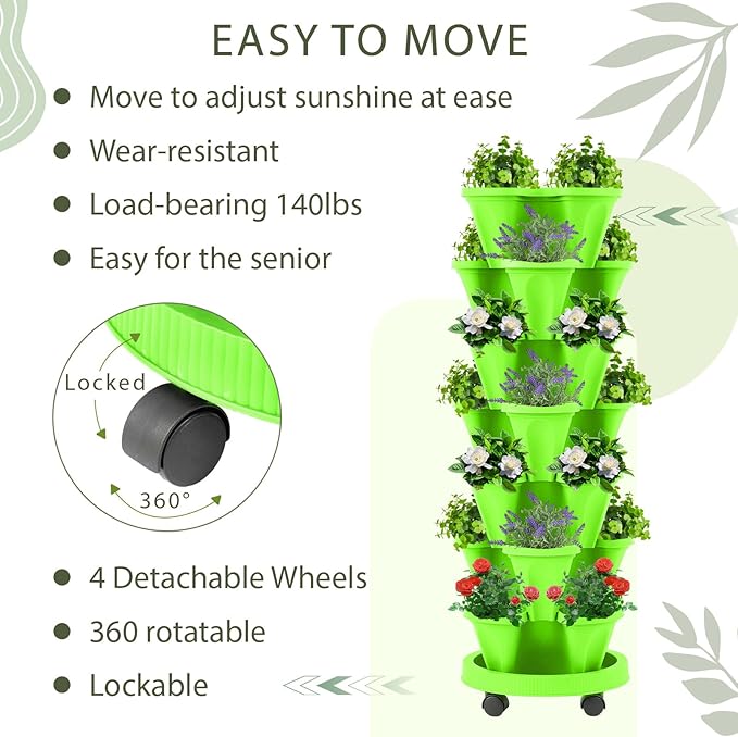 Umigy 2 Set of 7 Tier Vertical Planter Stackable Tower Planters Strawberry Herb Flower and Vegetable Pots Indoor Outdoor Gardening Pots with Removable Wheels and Tools(Light Green)