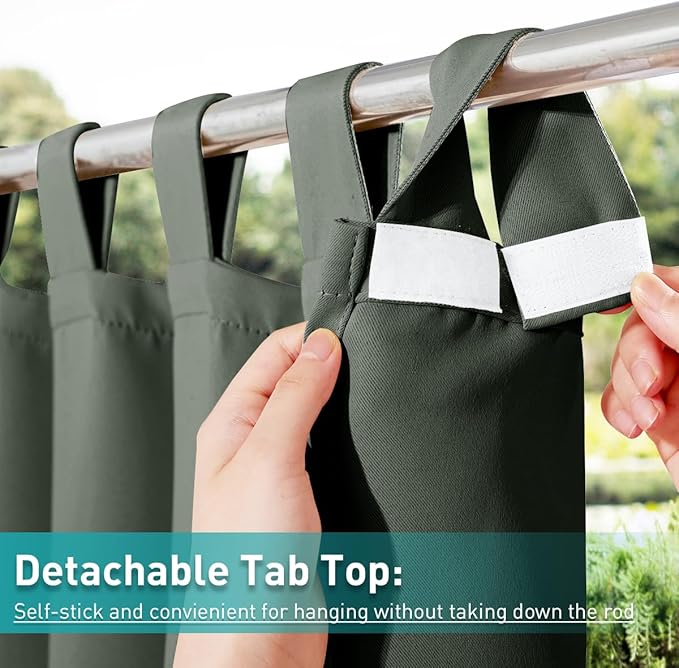 NICETOWN 2 Panels Greyish Green Outdoor Curtainss for Patio Waterproof, Detachable Sticky Tab Top Blackout Indoor Outdoor Blinds Heat & Cold Blocking Privacy for Gazebo/Porch, W52 x L84