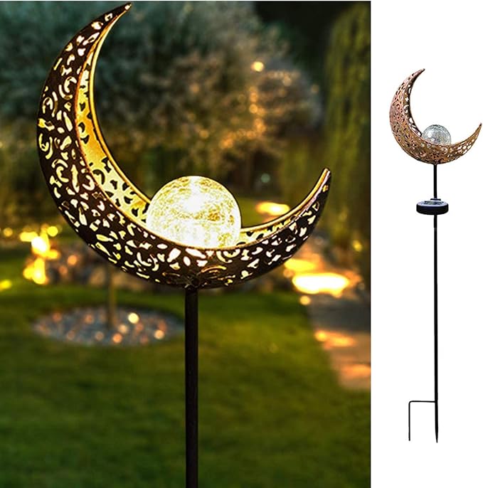 Solar Garden Light Outdoor Decorative, Moon Decor Crackle Glass Globe Garden Stake Metal Lights，Waterproof Warm White LED for Pathway, Lawn, Patio, Yard Ornaments for Outside