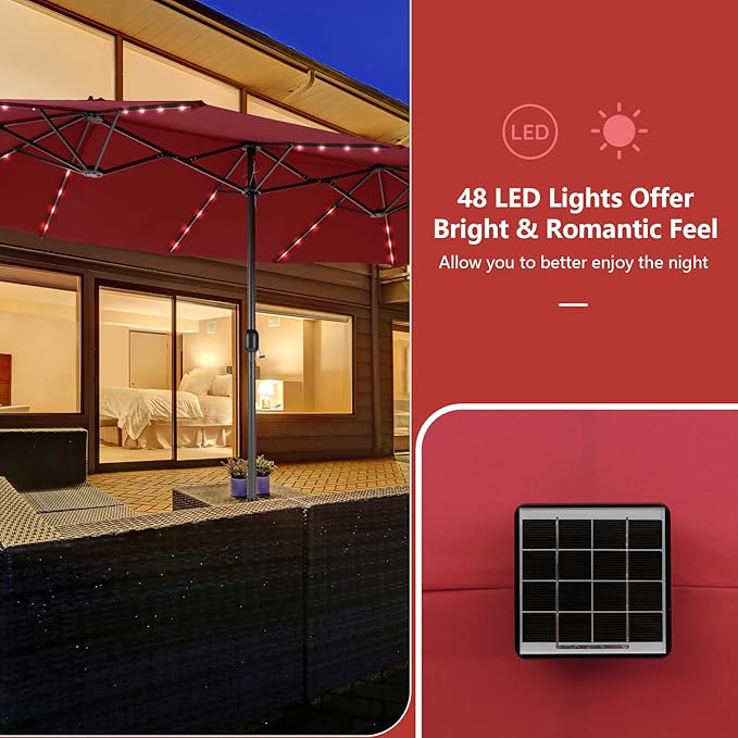 Tangkula 11 Pieces Patio Dining Set with 15ft Double-Sided LED Patio Umbrella (Base Included), Outdoor Rattan Furniture Set with 8 Stackable Chairs, Acacia Wood Dining Table and Umbrella (Wine)