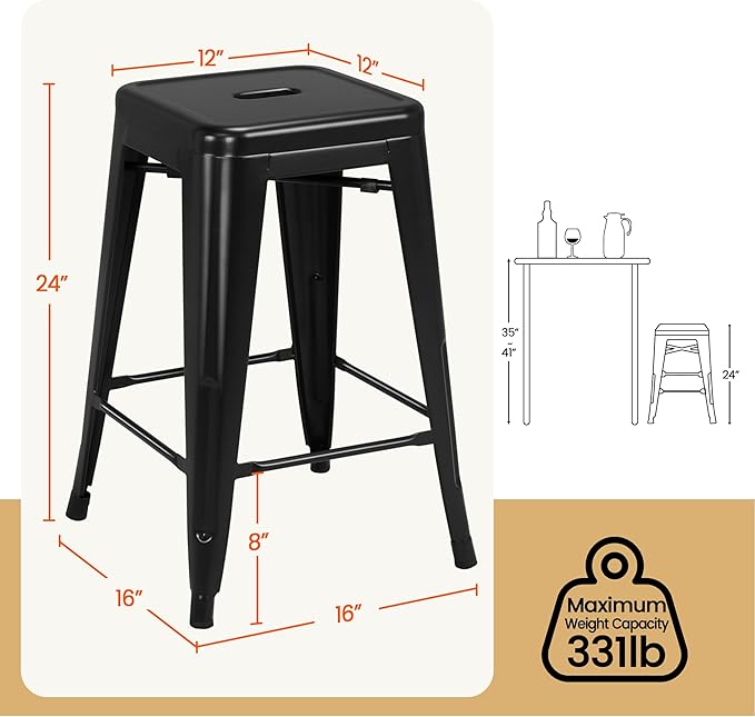 Yaheetech 24 Inch Metal Barstools Set of 4, Counter Height Backless Stools, Industrial Stackable Bar Chairs with Footrest for Kitchen/Dining Room/Bistro/Patio, Black