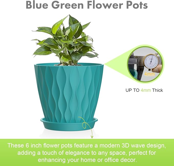 6 inch Flower Pots, 5 Pack Plant Pots for Indoor Plants, Water Ripples Plastic Planters with Drainage Holes and Saucers, Nursery Pots for Small Succulent Garden House Plants, Blue Green