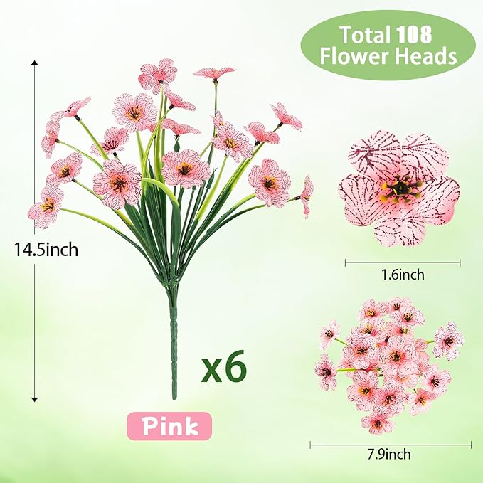 MACTING Artificial Flowers for Outdoors 6 Bundles UV Resistant Fake Flowers No Fade Faux Plastic Flowers for Hanging Planters Window Patio Porch Yard Garden Indoor Outside Spring Decoration,Pink