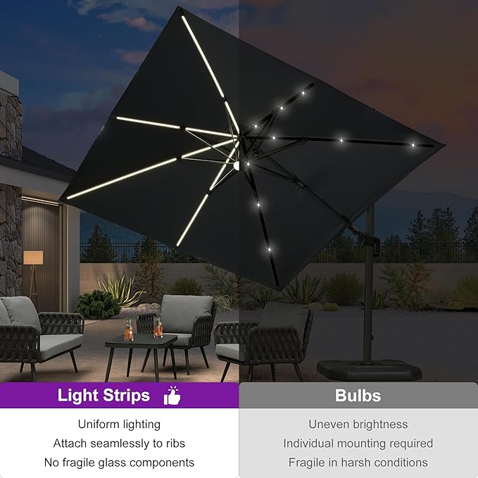 PURPLE LEAF 10 Feet Patio Umbrella with Base Outdoor Cantilever Solar Powered LED Swivel Square Umbrella Aluminum Offset Umbrella with 360-degree Rotation for Garden Deck Pool Patio, Grey