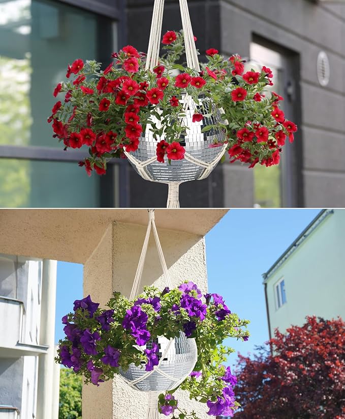 Disco Ball Planter, 1pcs 9” Silver Disco Ball Planter, Disco Ball Plant Hanger with Hanging Rope, Hanging Chain, Hook, Circle and Extra Mirror Pieces