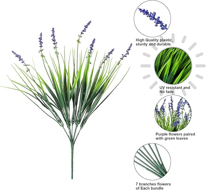 HyeFlora 20 Bundles Artificial Fake Outdoor Plants Flowers for Spring Decoration, UV Resistant Realistic Purple Plastic Flowers Faux Plant Monkey Grass for Planter Home Garden Porch Patio Window Box