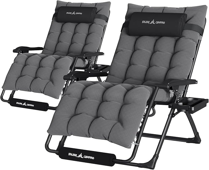 UDPATIO Oversized Zero Gravity Chair 33In XXL Patio Reclining Chair with Cushion, Outdoor Folding Recliner with Pillows, Cup Holder, Foot Rest & Padded Headrest, Support 500LB (2, Dark Grey-XL)