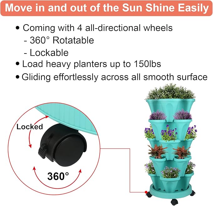 GameXcel Vertical Planter 5 Tier Stackable Planters Garden Planters Strawberry Herb Flower and Vegetable Planter Indoor Outdoor Gardening Pots with Removable Wheels and Tools