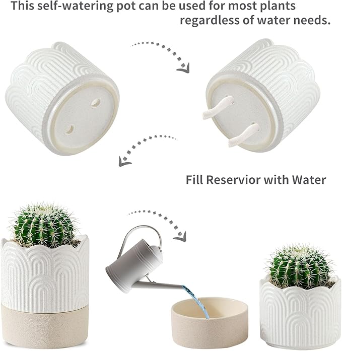 Nihow Self Watering Plant Pot for Indoor Plants: 4.5+6 Inch Ceramic Planter with Drainage Hole & Water Storage Plus - Cylinder Flower Pot with Wick for Herbs -Beige & Nature