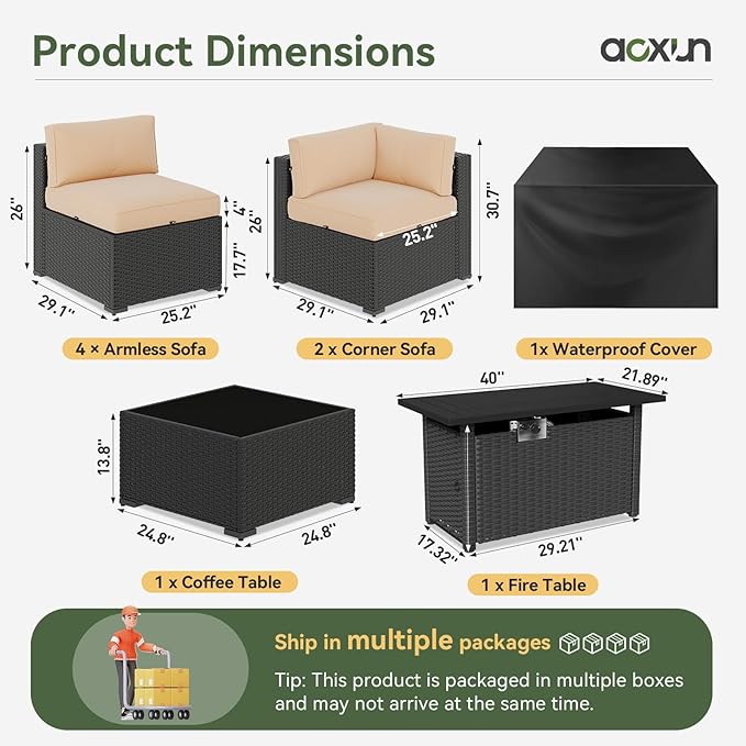 Aoxun 8 Piece Patio Furniture Set with 44” Fire Pit Table Wicker Rattan Patio Sectional Sofa Set Outdoor Seating Furniture with Thickened Cushion, Beige