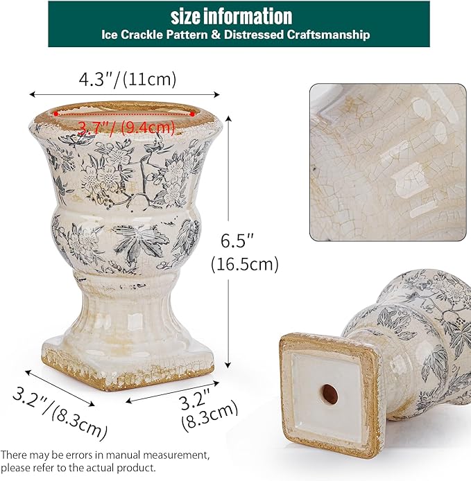Sungmor Small Ceramic Urn Planter - Grey Scroll Floral Pedestal Flower Pot, Decorative Vintage Chinoiserie Style Planters, Tuscan Accent Vase Indoor Outdoor Plant Holder with Drainage