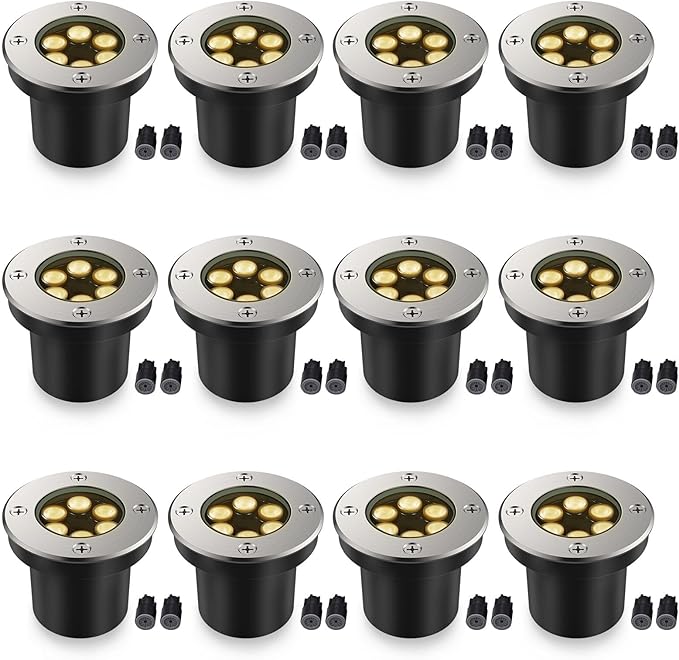 JESLED Outdoor Landscape Lights, 6W LED In Ground Well Lights, 12V 24V 3000K Warm White, IP67 Waterproof Low Voltage Landscaping Spotlight for Driveway Deck Step Yard Fence Garden Pathway (12 Pack)
