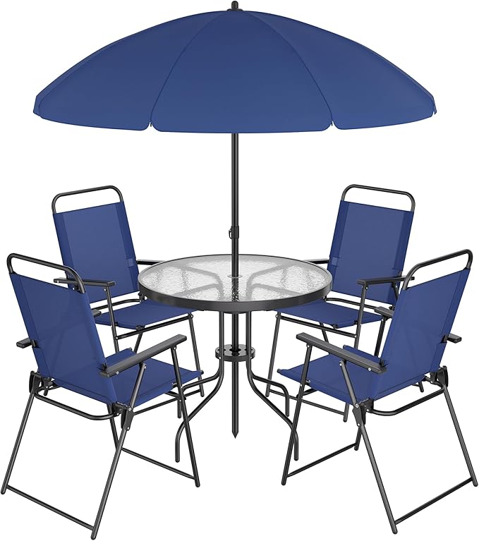 Shintenchi 6 Piece Patio Dining Set with Umbrella, Outdoor Furniture Set with 4 Folding Chairs and Tempered Glass Top Dining Table fot Lawn Backyard Garden Porch Blue