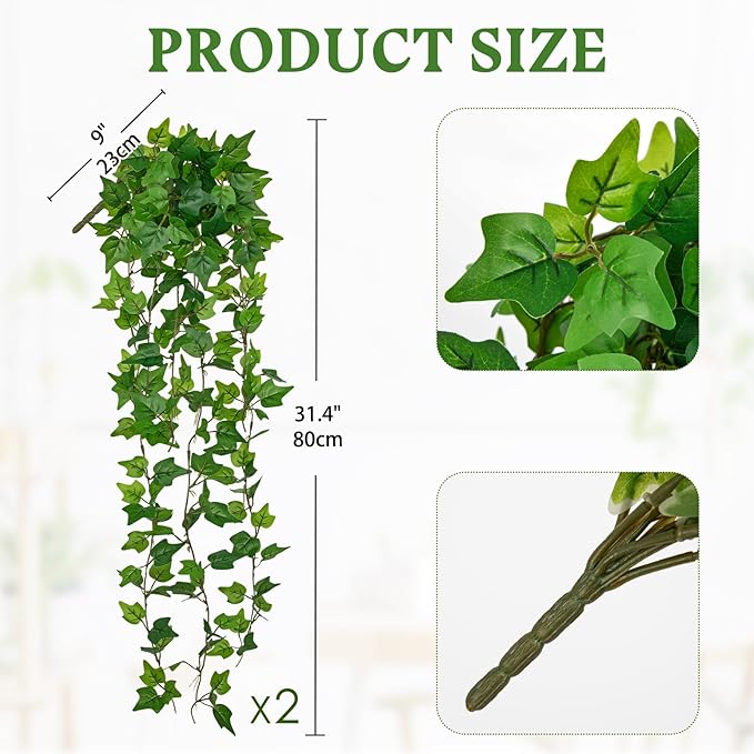 Hollyone 2pcs Artificial Hanging Plants 31" Fake Ivy Vine Faux Ivy Leaves Hanging Plant Greenery for Wall House Room Patio Indoor Outdoor Home Shelf Office Wedding Decor